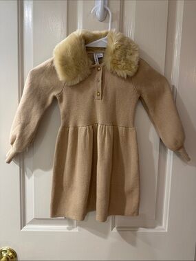 Like New 2T Janie and Jack Tan Knit Dress with Faux Fur Collar